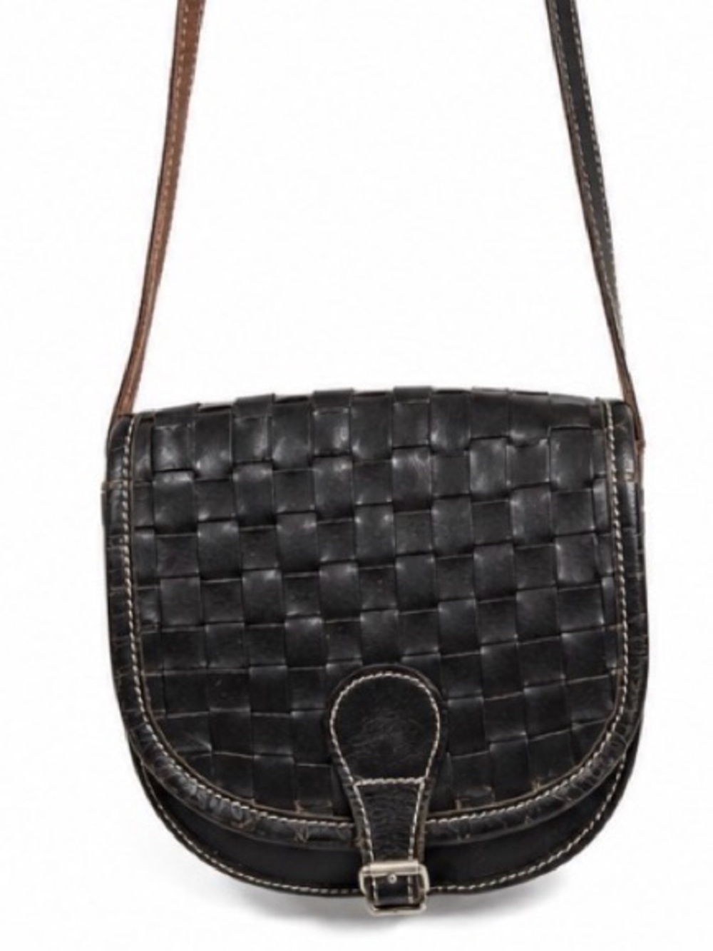 Vintage black leather woven crossbody purse